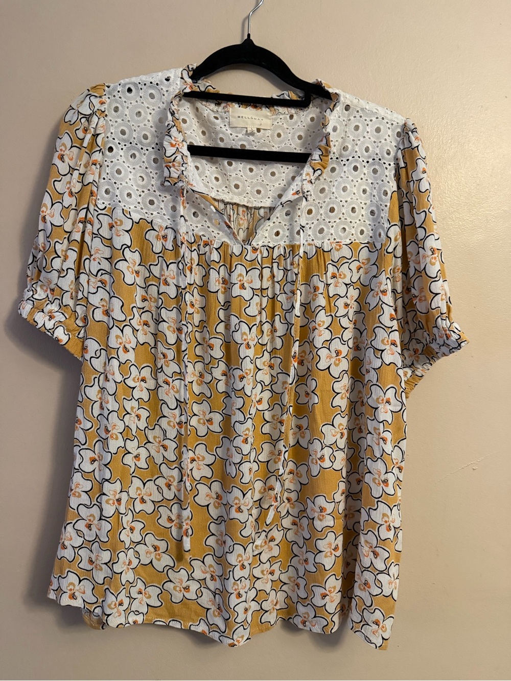 MELLODAY Mustard & White Floral Eyelet Yoke Blouse